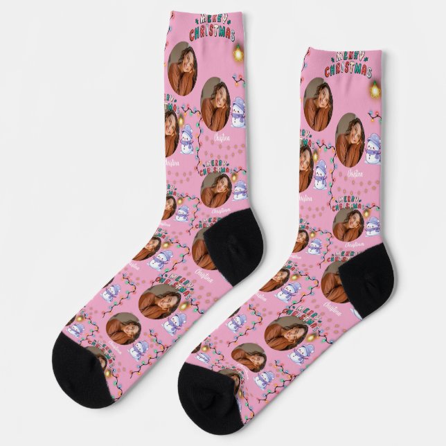 Chaussette Pink Christmas one circle photo et nom bonhomme de (Gauche)