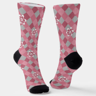Chaussette Plaid gris et rose avec fleurs camomilaires
