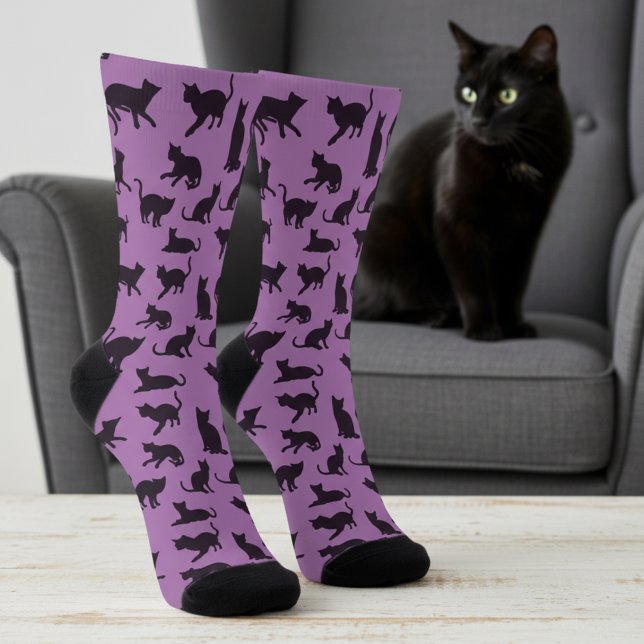 Chaussette Plaisir Purple et Black Cat Imprimer (Purple and black socks for cat lovers.🐈‍⬛)