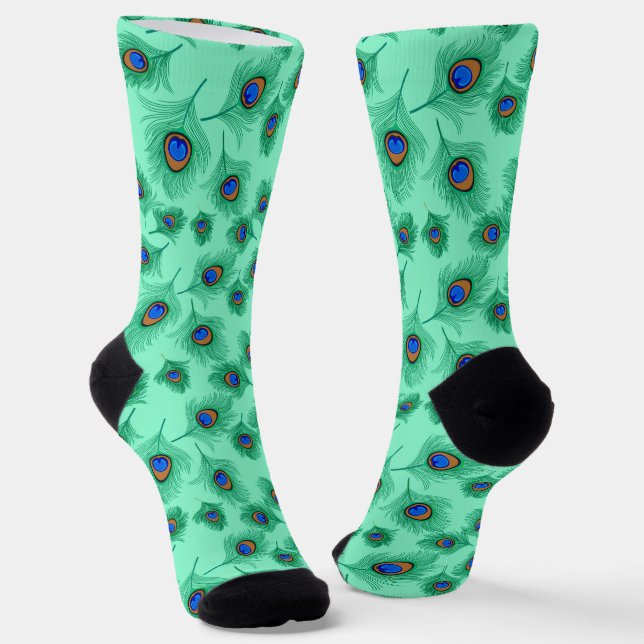 Chaussette Plumes de paon turquoise sur Aqua clair (Angulaire)