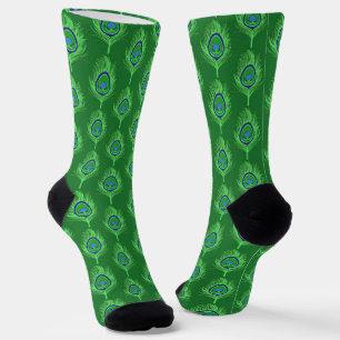 Chaussette Plumes de paon, vert citron sur vert émeraude