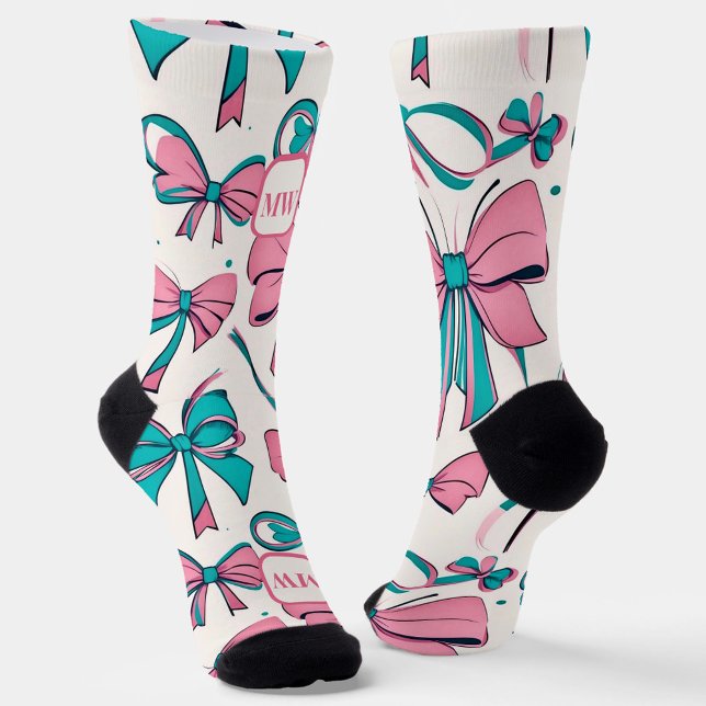 Chaussette Poireaux de crème turquoise rose moderne monogramm (Créateur téléchargé)