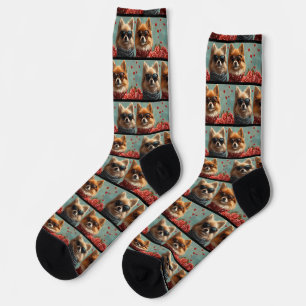 Chaussette Poméranie avec Roses de coeur Saint Valentin