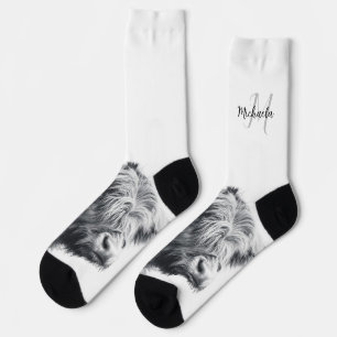 Chaussette Portrait de vache Highland premier monogramme noir
