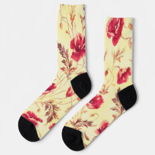 Chaussette Red Roses Gold Vintage Style Chaussettes florales
