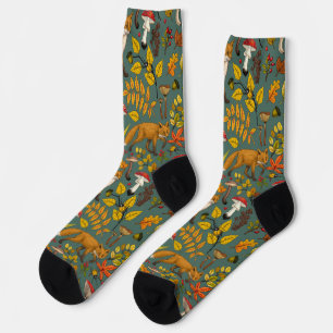 Chaussette Renard d'automne sur pin vert