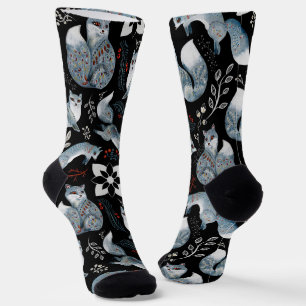 Chaussette Renards bleus stylisés avec des motifs floraux com