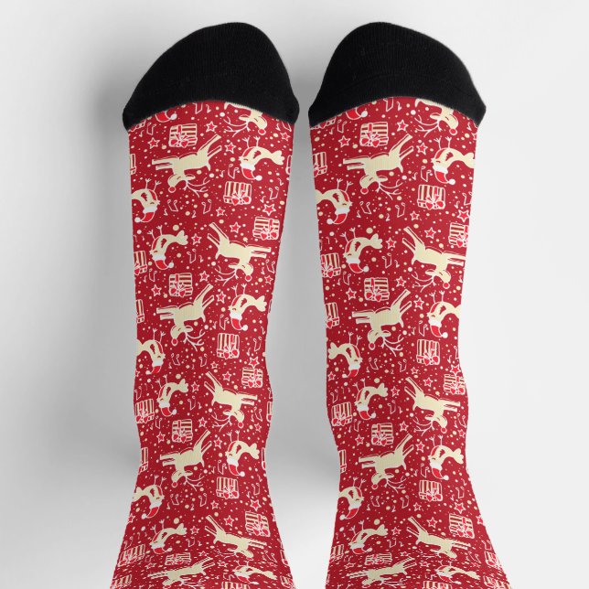 Chaussette Rennes de Noël et oiseaux thème musical rouge (Haut)