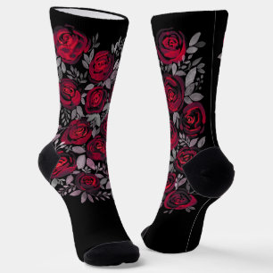 Chaussette Roses d'aquarelle, roses rouges sur noir