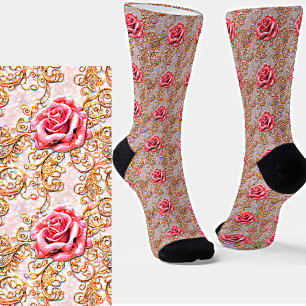 Chaussette Roses de dentelle d'or rose
