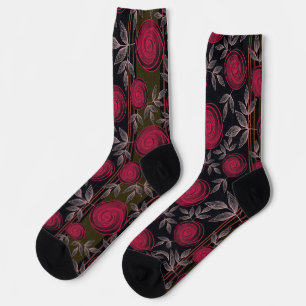 Chaussette Roses rouges sur noir.