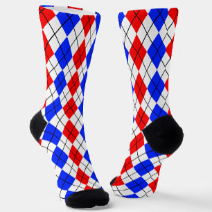 Chaussette Rouge Bleu Blanc Jacquard Diamant Motif Design
