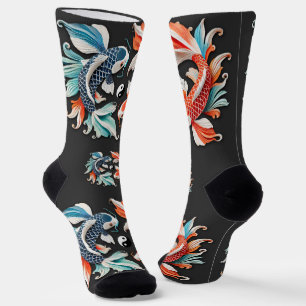 Chaussette Rouge et bleu Koi Prospérité Yin Yang