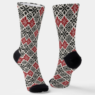Chaussette Rouge noir blanc géométrique Keffiyeh Motif folklo