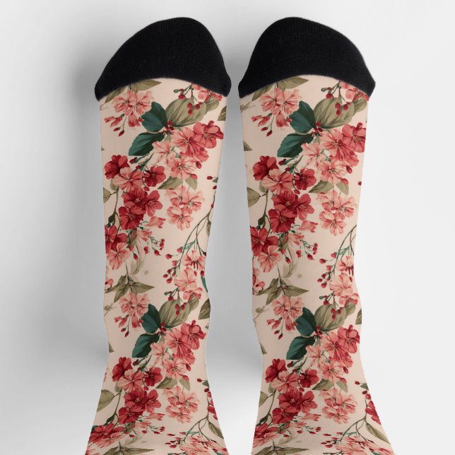 Chaussette Rouge sur Hibiscus rose Floral (Haut)