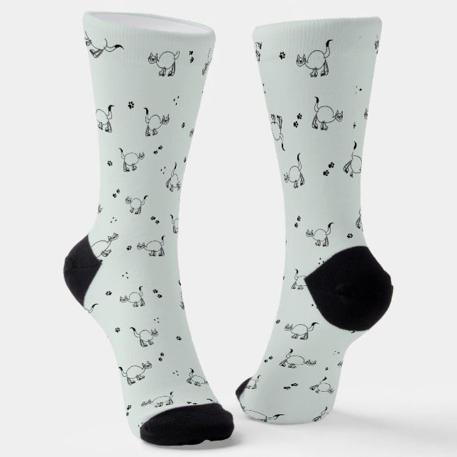 Chaussette Sage Gray Green Cat Line Art Pattern Socks (Angulaire)