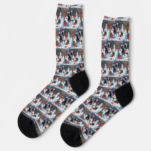 Chaussette Scène de Noël festive Border Collie enneigée
