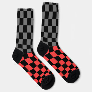 Chaussette Secretly Wild carreaux gris rouge sur fond noir