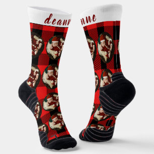 Chaussette Simple Rouge Plaid Funky Christmas Family Photo