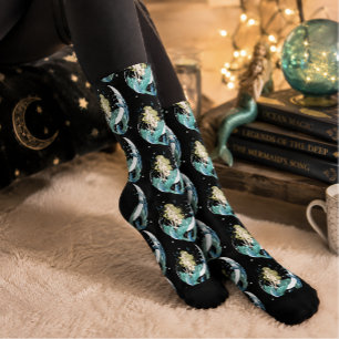 Chaussette Sirène noire croissant lune fantaisie Art déco