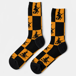 Chaussette Sorcières noires carreaux noirs et orange