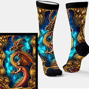 Chaussette Steampunk Golden Dragon & Blue Sky sur Black