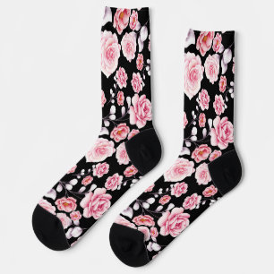 Chaussette Stylé rose motif floral imprimé sur noir