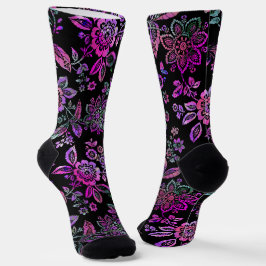 Chaussette Stylisé Crayon rose floral sur noir Arrosé