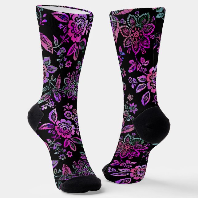 Chaussette Stylisé Crayon rose floral sur noir Arrosé (Angulaire)