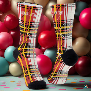 Chaussette Tartan personnalisé à carreaux rouges et jaunes su