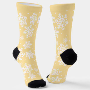 Chaussette Texte personnalisé motif de flocon de neige beige 