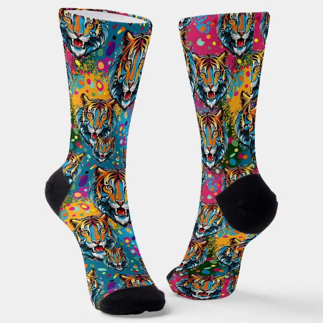 Chaussette Tiger Head Rainbow colors paint stains (Angulaire)