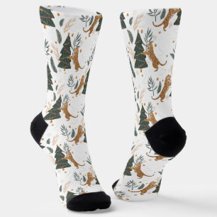 Chaussette Tigre mignon et arbres de Noël Motif sur blanc