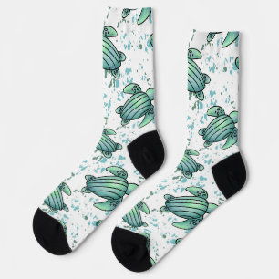 Chaussette tortue de mer aquarelle verte motif bleu animal