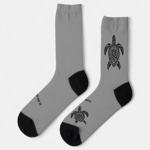 Chaussette Tortue de mer tribale, noire, texte sur gris
