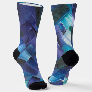 Chaussette Traits de pinceau abstraits en bleu, sarcelle et v