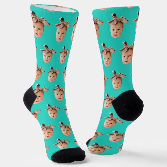 Chaussette Turquoise Funny Custom Daughter Face Photo Crew (Angulaire)