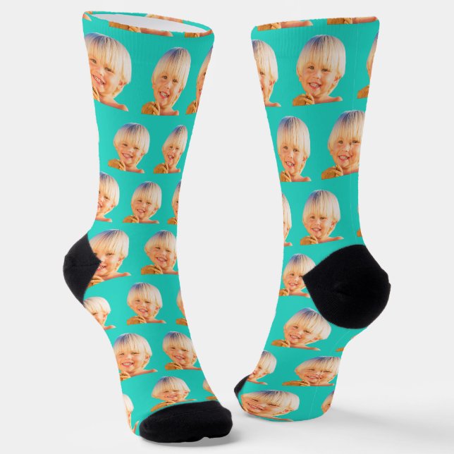Chaussette Turquoise Funny Personnalisé Son Visage Équipage P (Angulaire)