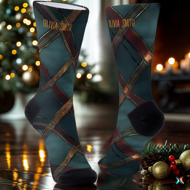 Chaussette Turquoise moderne et Bourgogne Noël Plaid Custom (Créateur téléchargé)