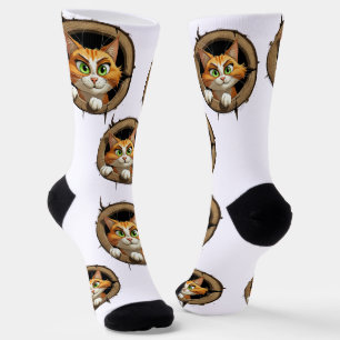 Chaussette Un chat de dessin animé avec des yeux verts brilla