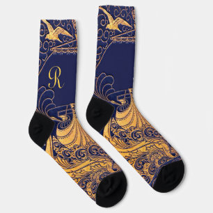 Chaussette Vaisseau Antique,Dauphins,Or,Monogramme Bleu Marin