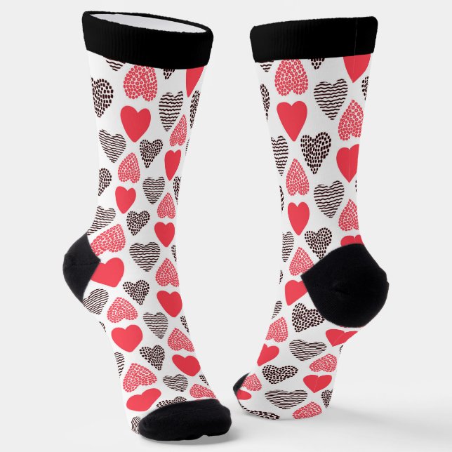 Chaussette Valentines rouge et noir motif de coeur (Angulaire)