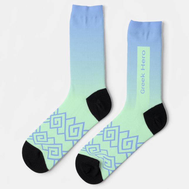 Chaussette Vert à Bleu, Motif Grec, Nom (Gauche)