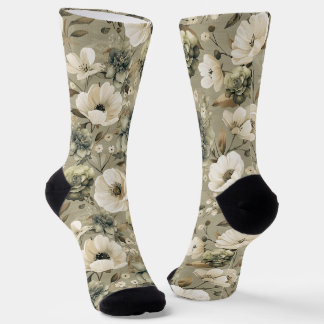 Chaussette Vert Sage Et Floral Crème
