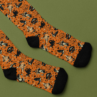Chaussette Vintage Style Halloween Graphics Orange and Black