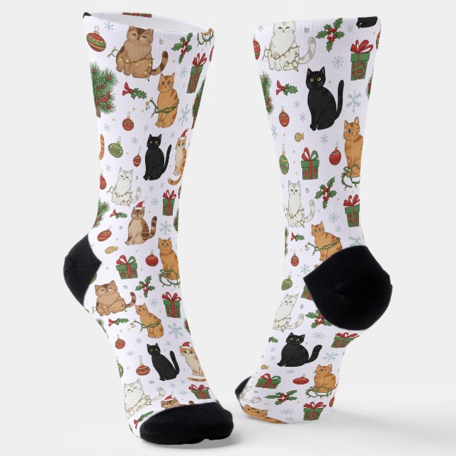 Chaussette Whimsical Christmas Cat Pattern Socks  (Angulaire)