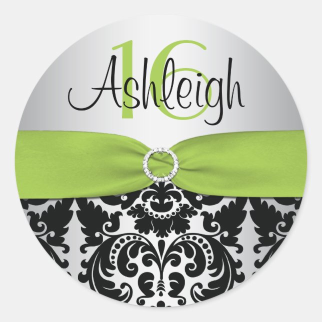 Chaux, argent et noir Damask Sweet 16 Sticker (Devant)