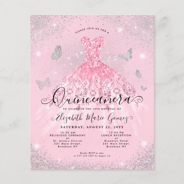 Cheap Blush Pink Silver Gown Quinceanera Einladung Flyer (Vorne)