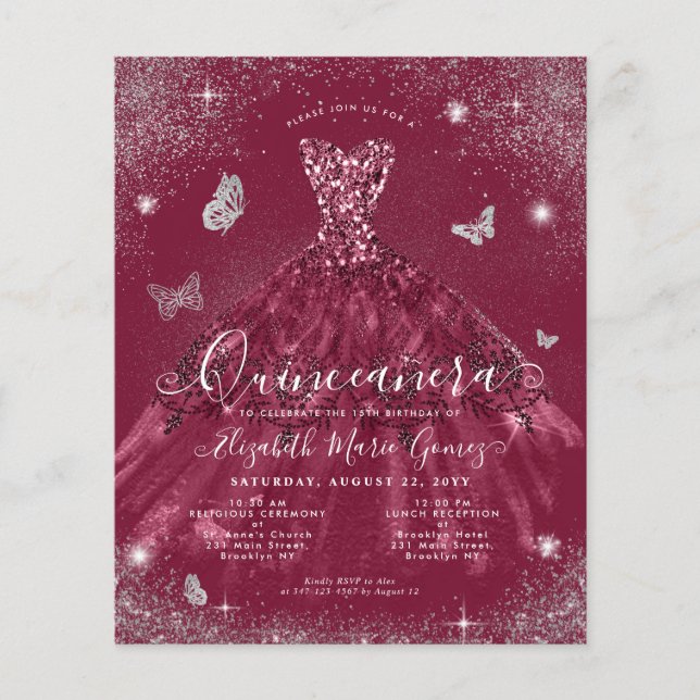Cheap Burgundy Red Silver Gown Quinceanera Einladu Flyer (Vorne)