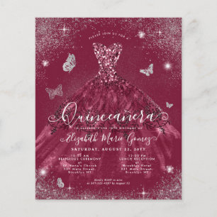 Cheap Burgundy Red Silver Gown Quinceanera Einladu Flyer